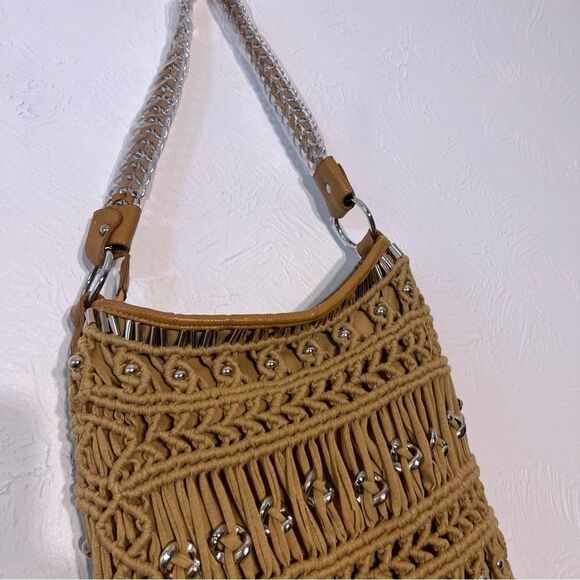 Bebe Beige Tan Fabric Fringe Gold Chain Shoulder Bag NWOT Hobo Bohemian - Picture 2 of 8